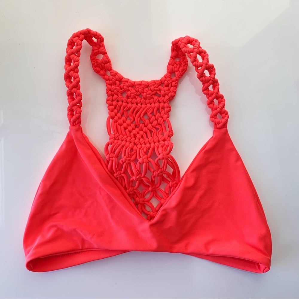 Mikoh Macrame Trimmed Neon Pink Triangle Top